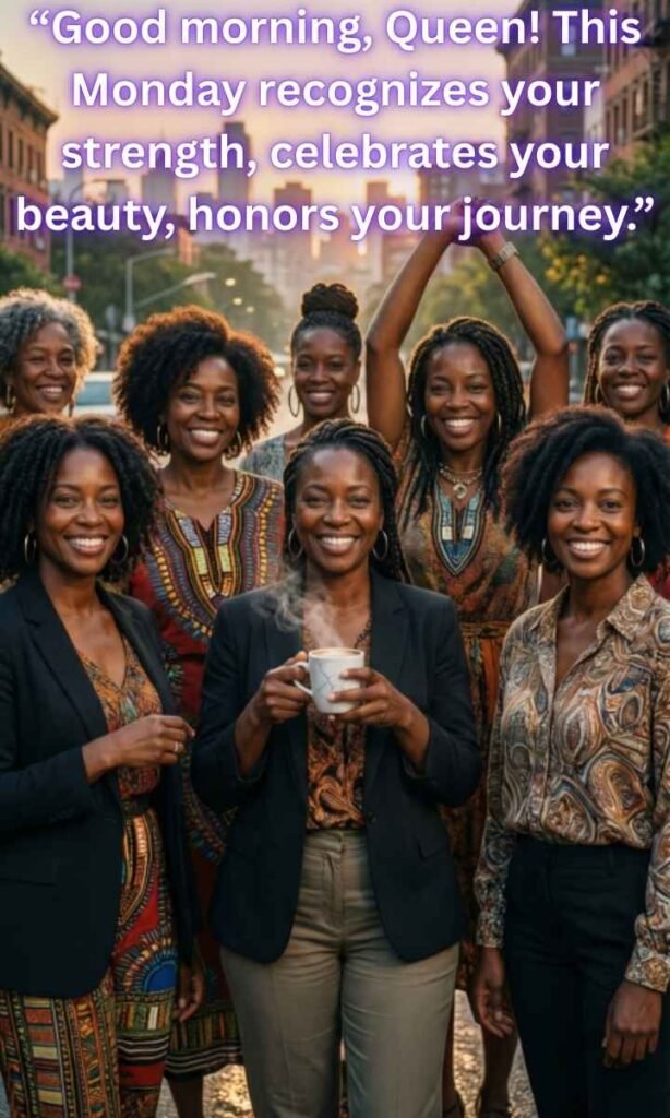 Good Morning Monday Black Women Image:
"Good morning, Queen! This Monday recognizes your strength, celebrates your beauty, honors your journey."